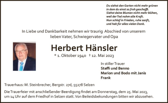 Traueranzeige von Herbert Hänsler von Allgemeine Zeitung Mainz