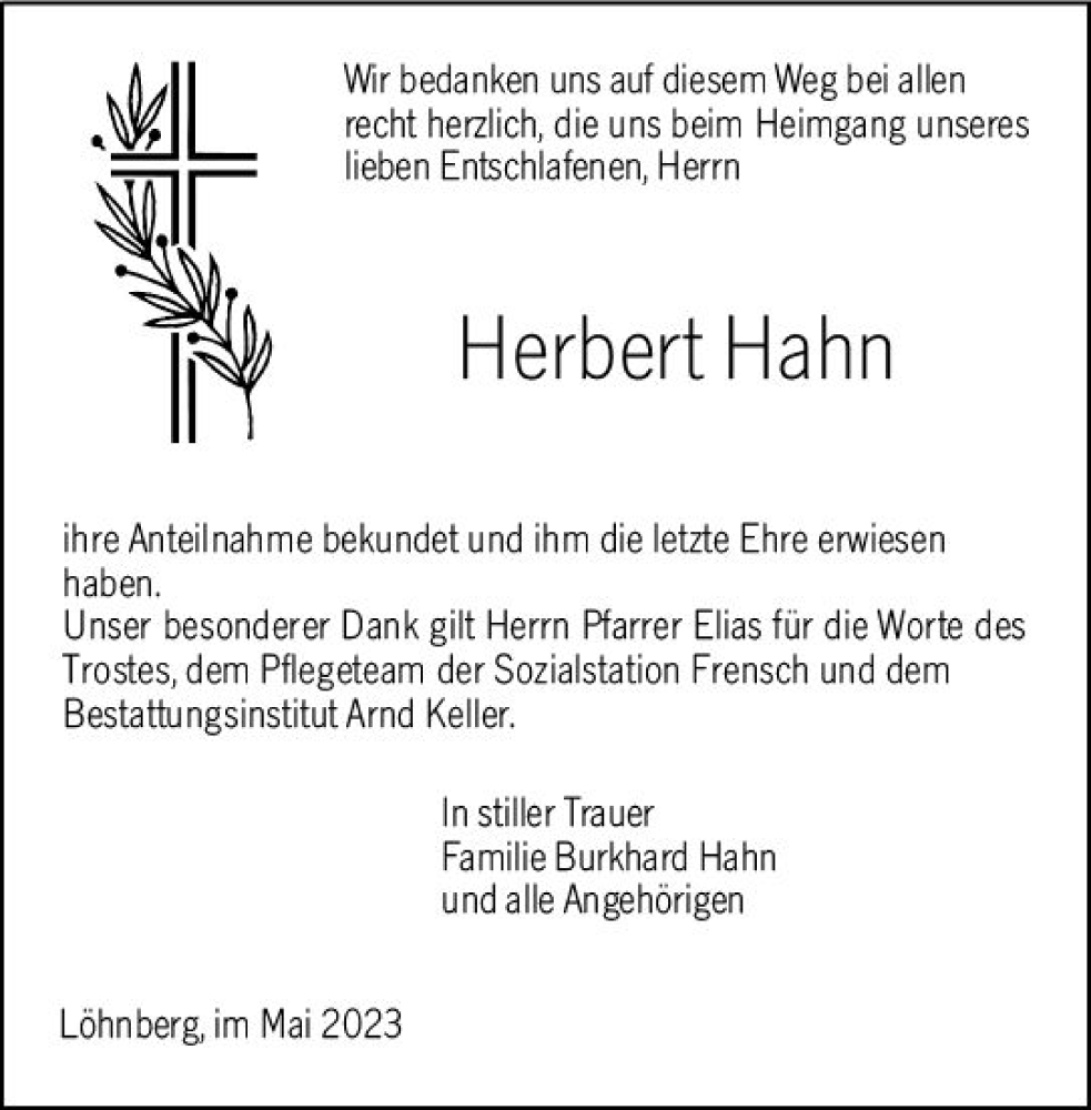 Traueranzeige für Herbert Hahn vom 04.05.2023 aus Weilburger Tageblatt