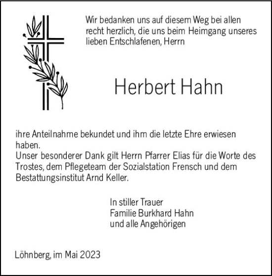 Traueranzeige von Herbert Hahn von Weilburger Tageblatt