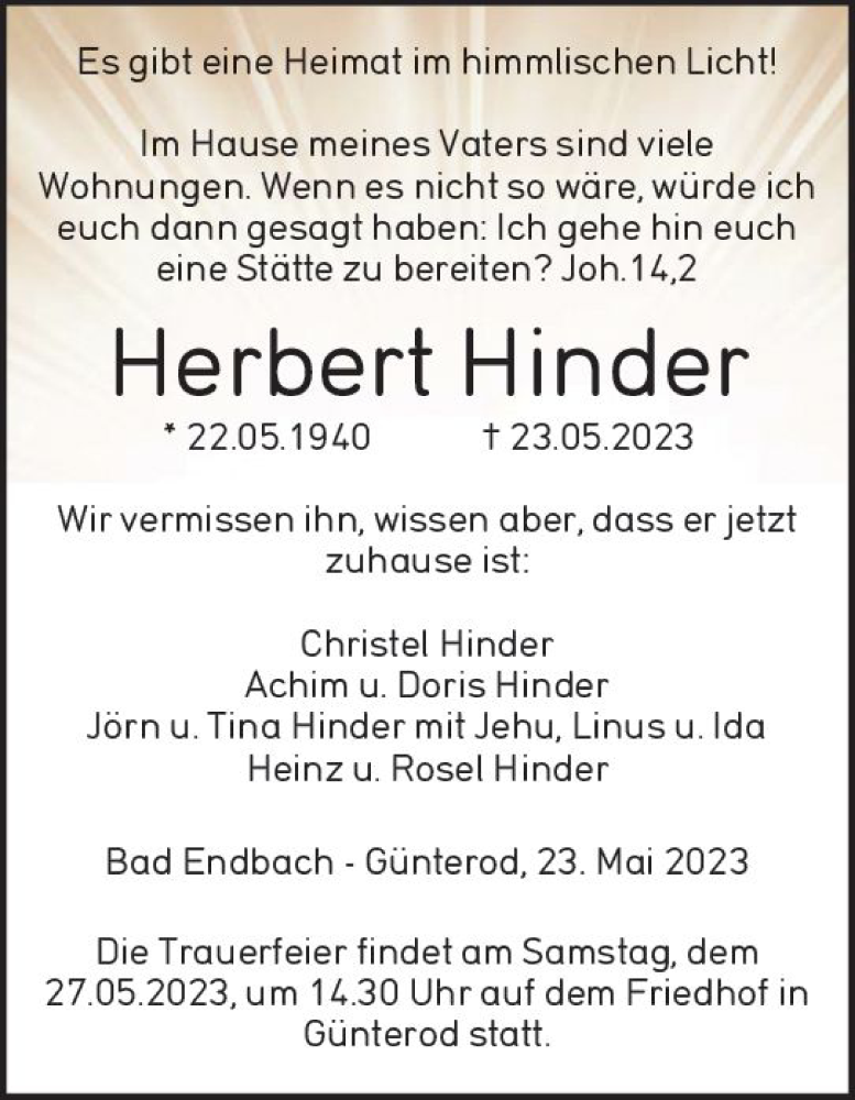  Traueranzeige für Herbert Hinder vom 25.05.2023 aus VRM Trauer
