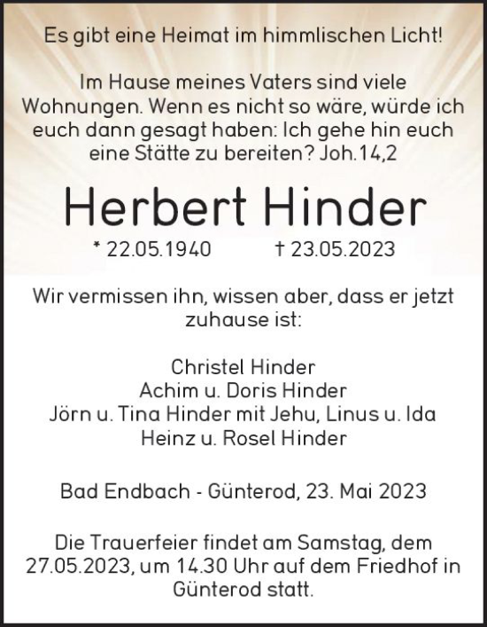 Traueranzeige von Herbert Hinder von Oberhessische Zeitung