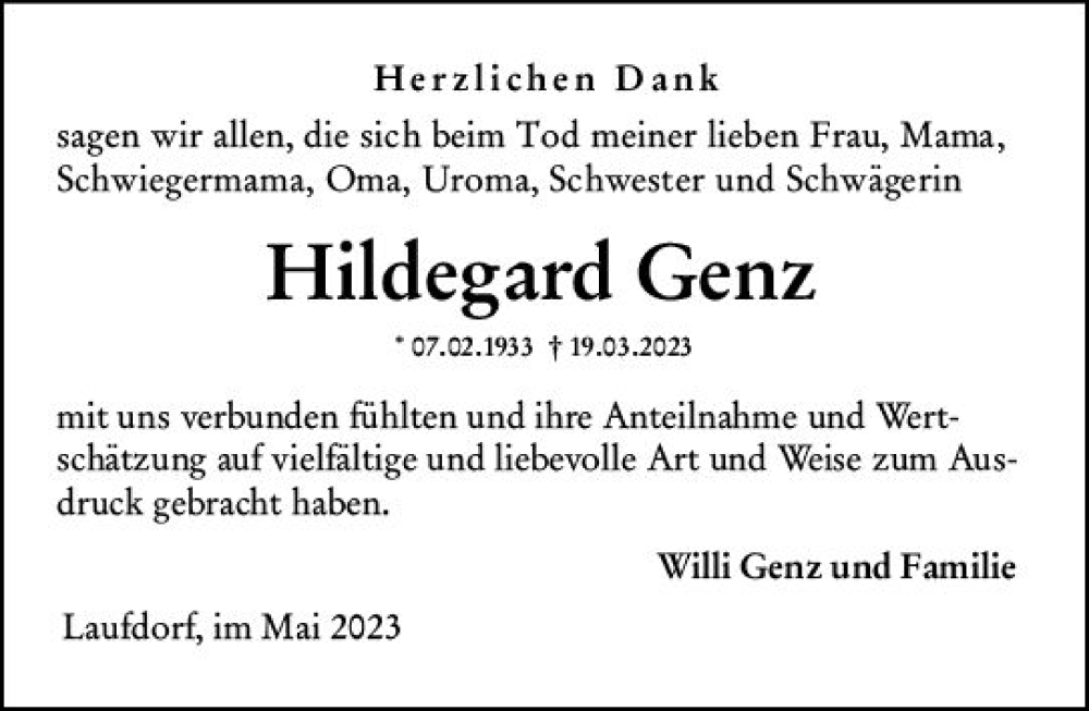  Traueranzeige für Hildegard Genz vom 13.05.2023 aus Wetzlarer Neue Zeitung