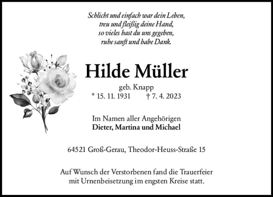 Traueranzeige von Hildegard Müller von Groß-Gerauer Echo