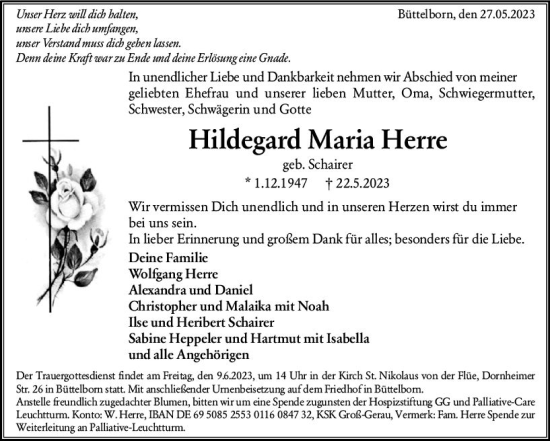 Traueranzeige von Hildegard Maria Herre von Groß-Gerauer Echo