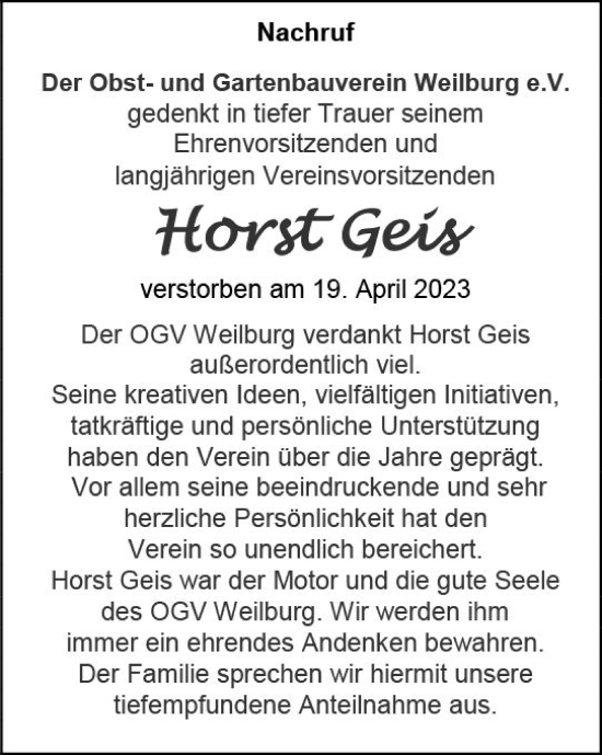 Traueranzeige von Horst Geis von Weilburger Tageblatt