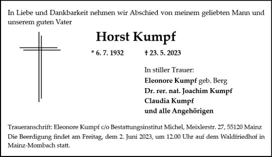 Traueranzeige von Horst Kumpf von Allgemeine Zeitung Mainz