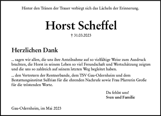Traueranzeige von Horst Scheffel von Allgemeine Zeitung Alzey