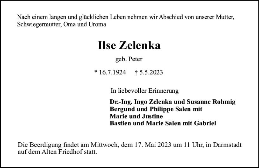  Traueranzeige für Ilse Zelenka vom 13.05.2023 aus Darmstädter Echo