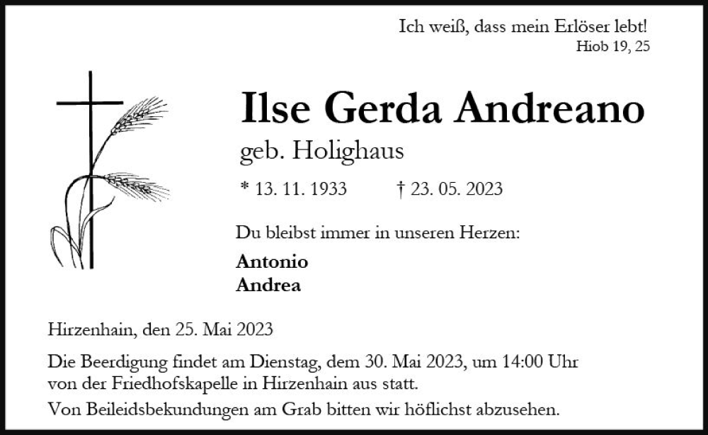  Traueranzeige für Ilse Gerda Andreano vom 25.05.2023 aus Dill Block