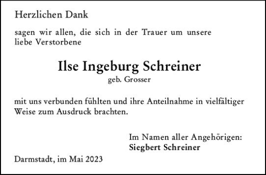 Traueranzeige von Ilse Ingeburg Schreiner von Darmstädter Echo