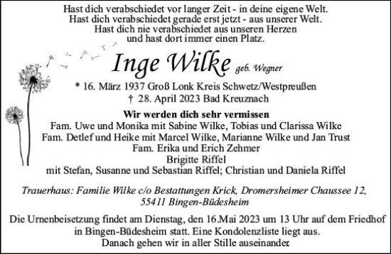 Traueranzeige von Inge Wilke von Allgemeine Zeitung Bingen/Ingelheim