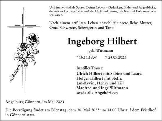 Traueranzeige von Ingeborg Hilbert von Hinterländer Anzeiger