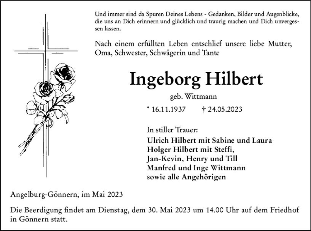  Traueranzeige für Ingeborg Hilbert vom 27.05.2023 aus Hinterländer Anzeiger
