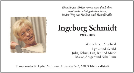 Traueranzeige von Ingeborg Schmidt von Wiesbadener Kurier