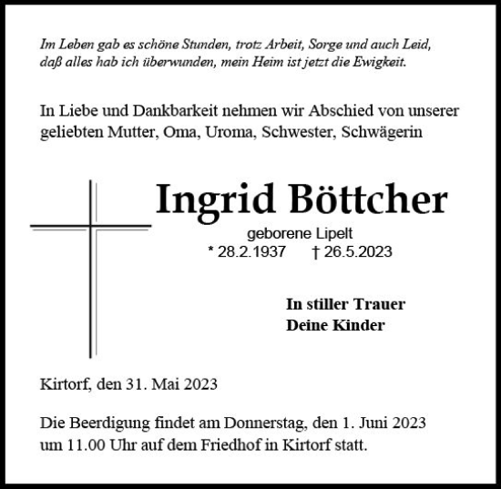 Traueranzeige von Ingrid Böttcher von Oberhessische Zeitung