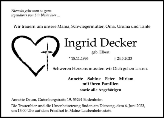 Traueranzeige von Ingrid Decker von Allgemeine Zeitung Mainz