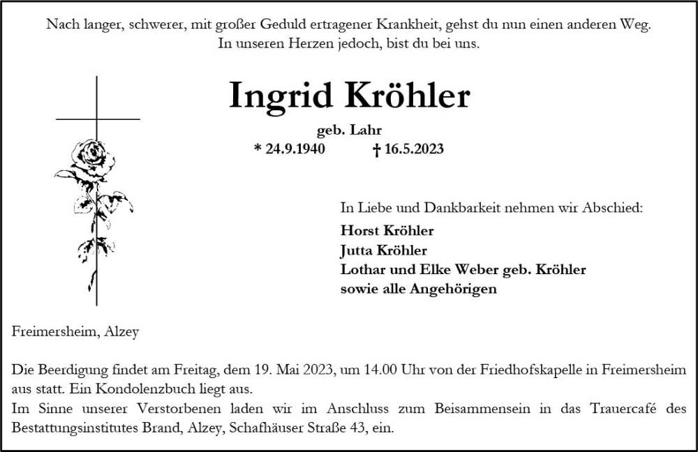  Traueranzeige für Ingrid Kröhler vom 17.05.2023 aus Allgemeine Zeitung Alzey
