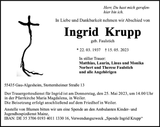 Traueranzeige von Ingrid Krupp von Allgemeine Zeitung Bingen/Ingelheim
