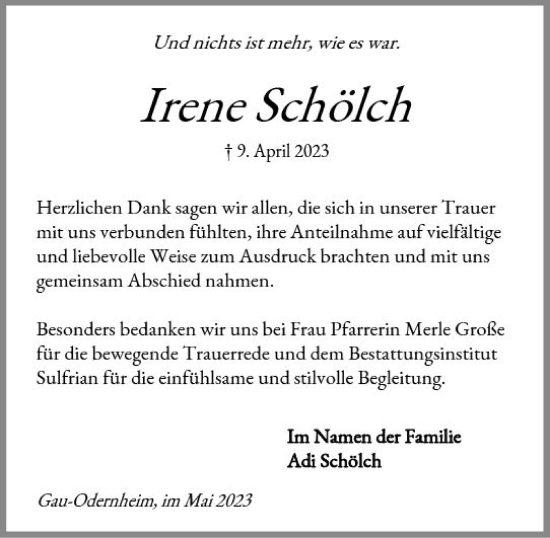 Traueranzeige von Irene Schölch von Allgemeine Zeitung Alzey