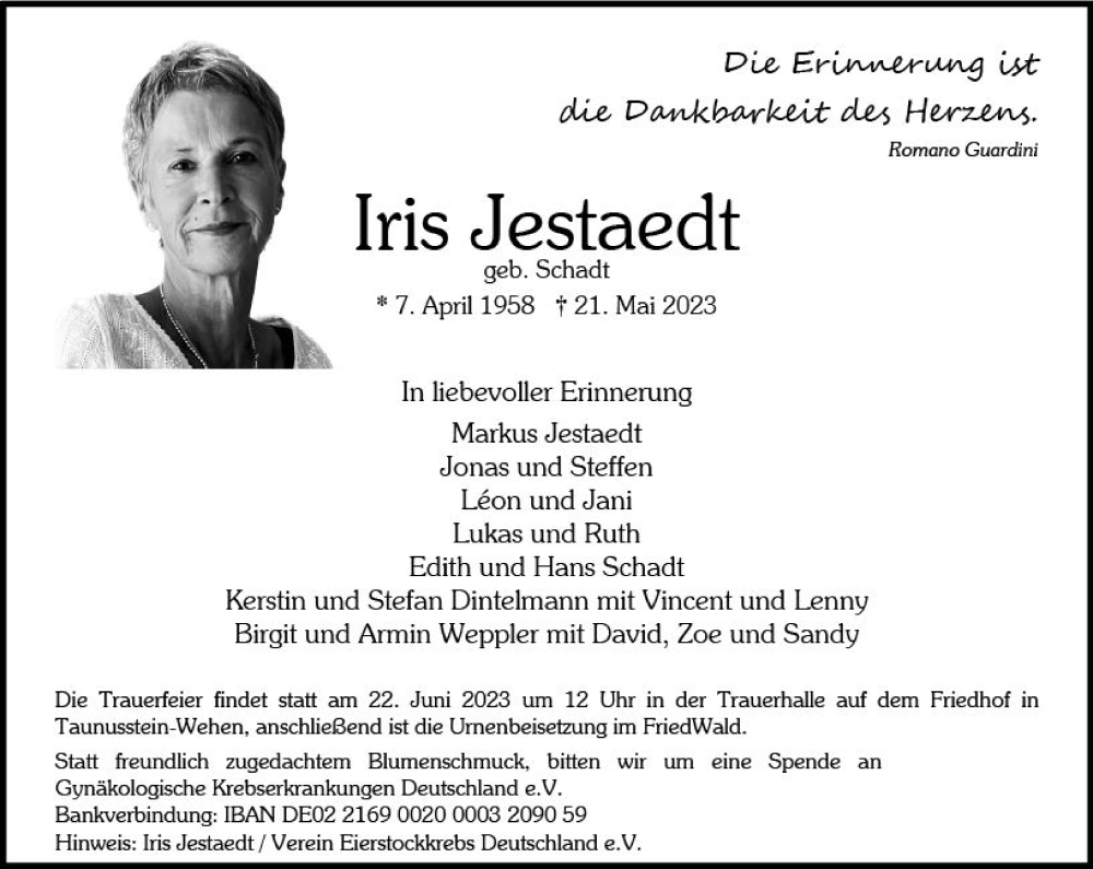  Traueranzeige für Iris Jestaedt vom 27.05.2023 aus Wiesbadener Kurier