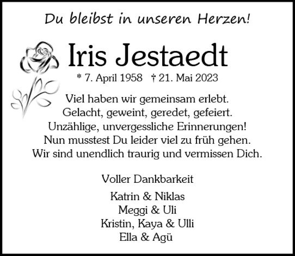  Traueranzeige für Iris Jestaedt vom 27.05.2023 aus Wiesbadener Kurier