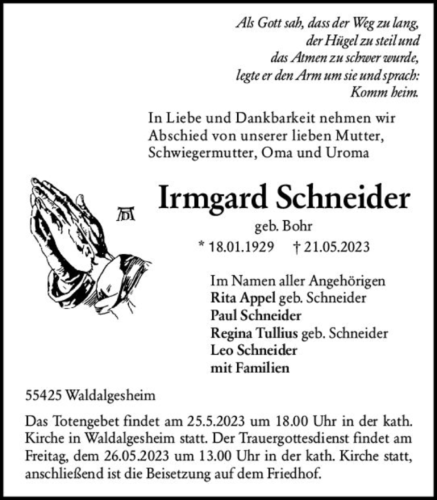  Traueranzeige für Irmgard Schneider vom 24.05.2023 aus Allgemeine Zeitung Bingen/Ingelheim