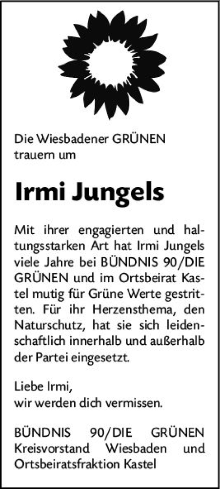 Traueranzeige von Irmi Jungels von Wiesbadener Kurier