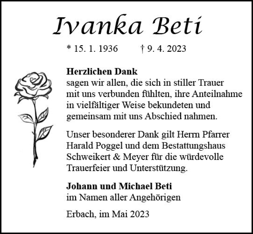  Traueranzeige für Ivanka Beti vom 13.05.2023 aus Odenwälder Echo