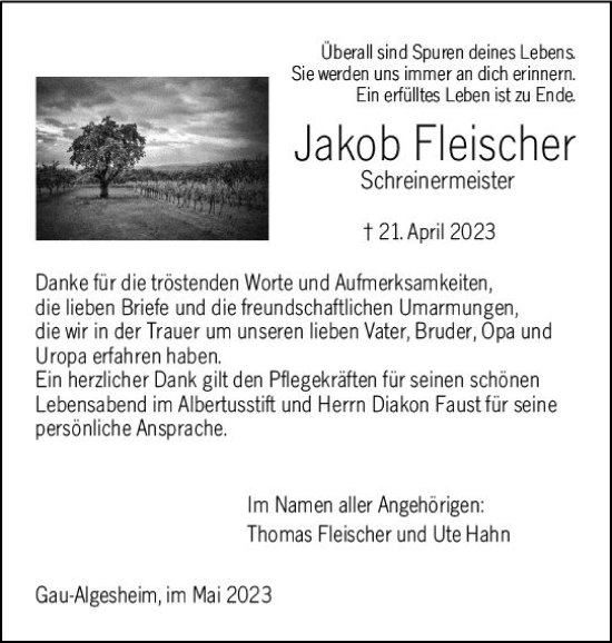 Traueranzeige von Jakob Fleischer von Allgemeine Zeitung Bingen/Ingelheim