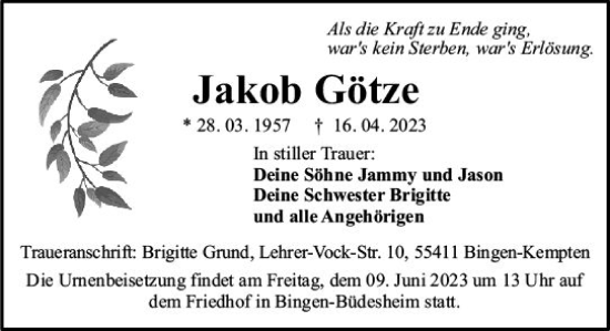 Traueranzeige von Jakob Götze von Allgemeine Zeitung Bingen/Ingelheim