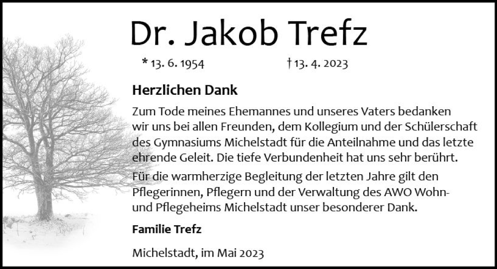  Traueranzeige für Jakob Trefz vom 20.05.2023 aus Odenwälder Echo
