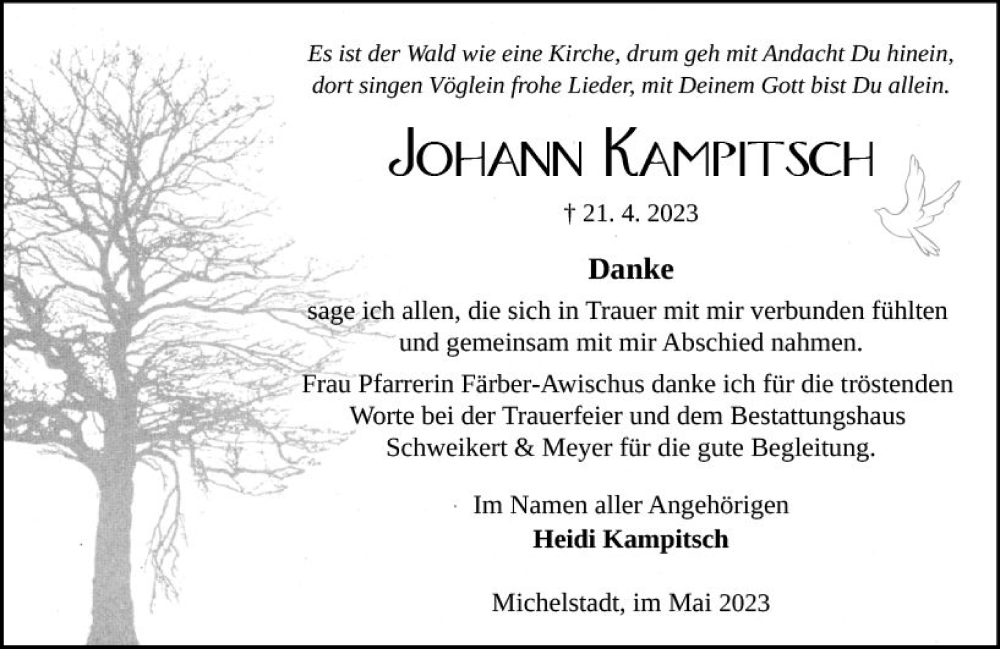  Traueranzeige für Johann Kampitsch vom 20.05.2023 aus Odenwälder Echo