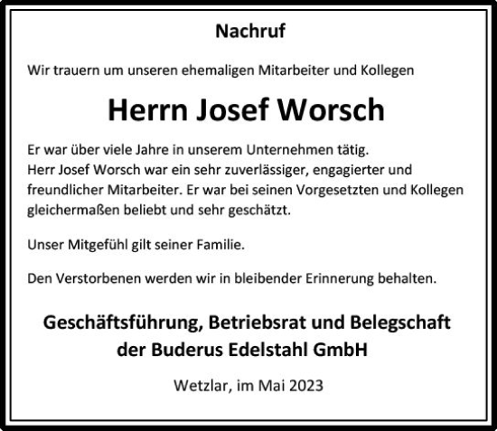 Traueranzeige von Josef Worsch von Wetzlarer Neue Zeitung