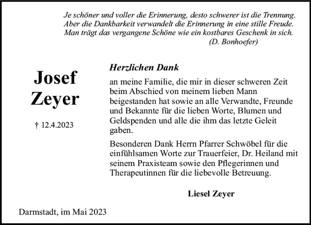  Traueranzeige für Josef Zeyer vom 13.05.2023 aus Darmstädter Echo