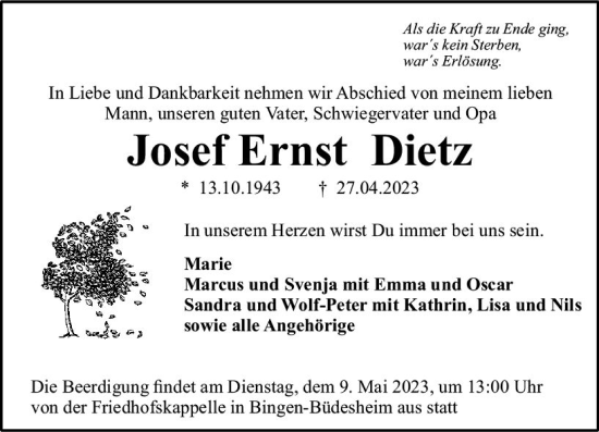 Traueranzeige von Josef Ernst Dietz von Allgemeine Zeitung Bingen/Ingelheim