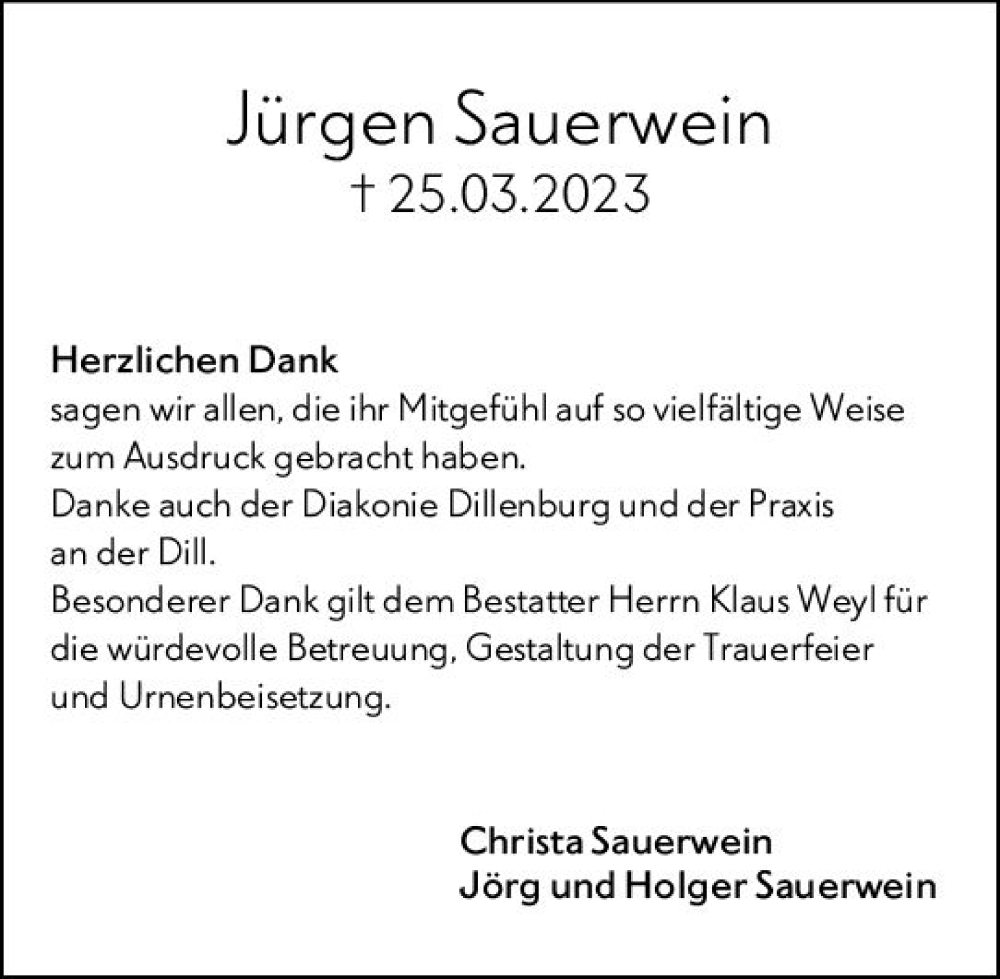 Traueranzeige für Jürgen Sauerwein vom 06.05.2023 aus Dill Block