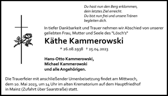 Traueranzeige von Käthe Karnmerowski von Allgemeine Zeitung Mainz