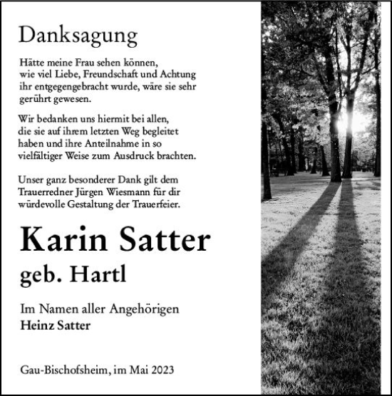 Traueranzeige von Karin Satter von Allgemeine Zeitung Mainz