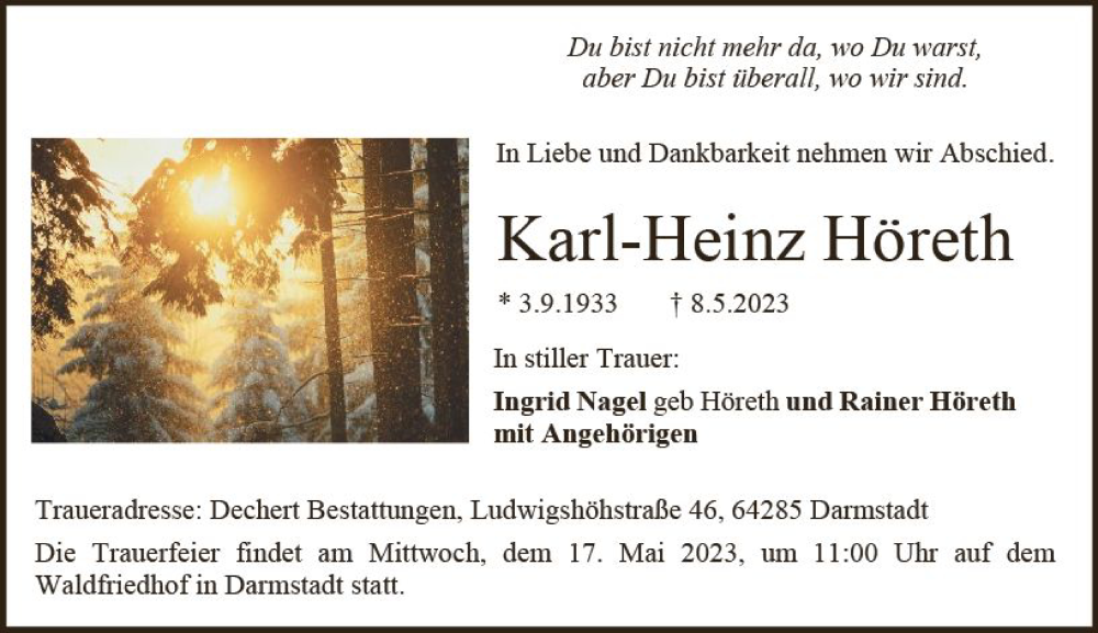  Traueranzeige für Karl-Heinz Höreth vom 13.05.2023 aus Darmstädter Echo