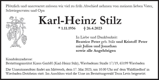Traueranzeige von Karl-Heinz Stilz von Wiesbadener Kurier