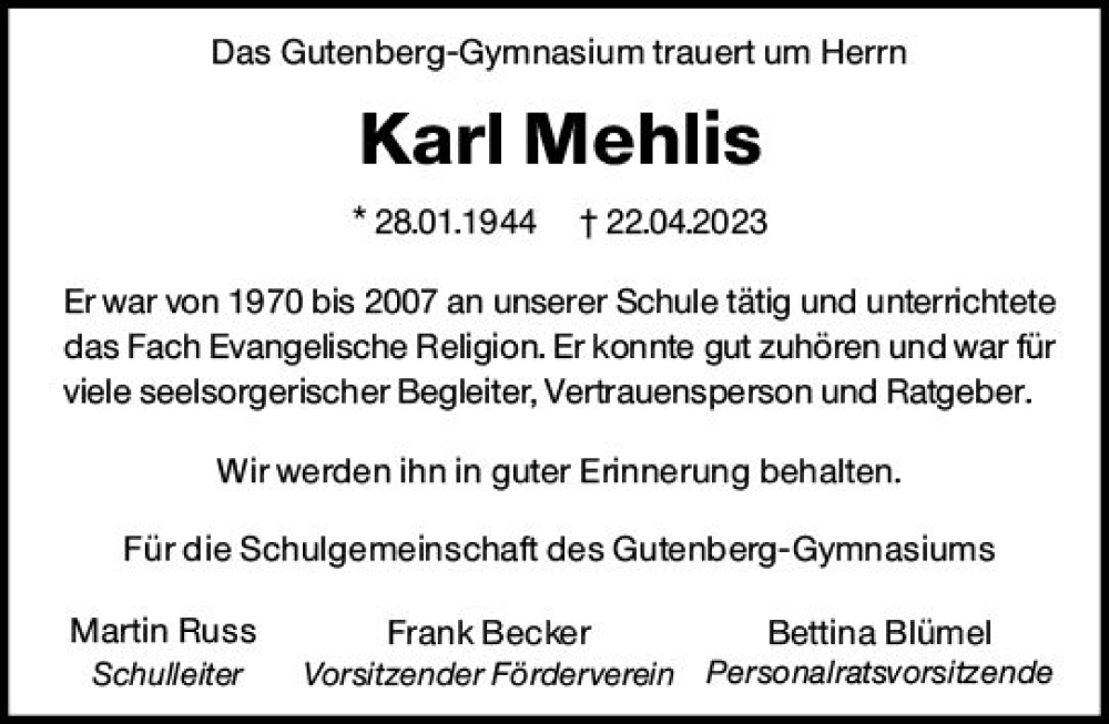  Traueranzeige für Karl Mehlis vom 06.05.2023 aus Allgemeine Zeitung Mainz