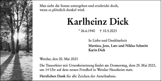 Traueranzeige von Karlheinz Dick von Wetzlarer Neue Zeitung