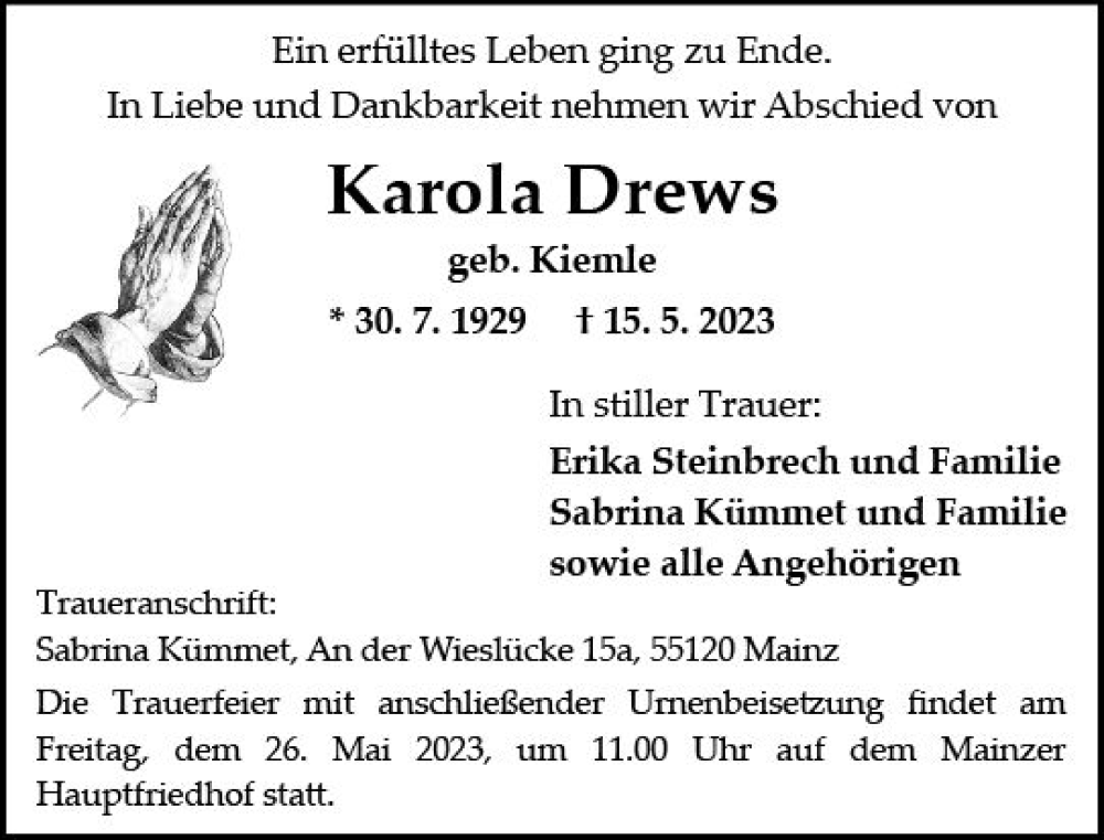  Traueranzeige für Karola Drews vom 20.05.2023 aus Allgemeine Zeitung Mainz