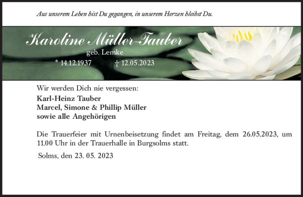  Traueranzeige für Karoline Müller-Tauber vom 23.05.2023 aus Wetzlarer Neue Zeitung