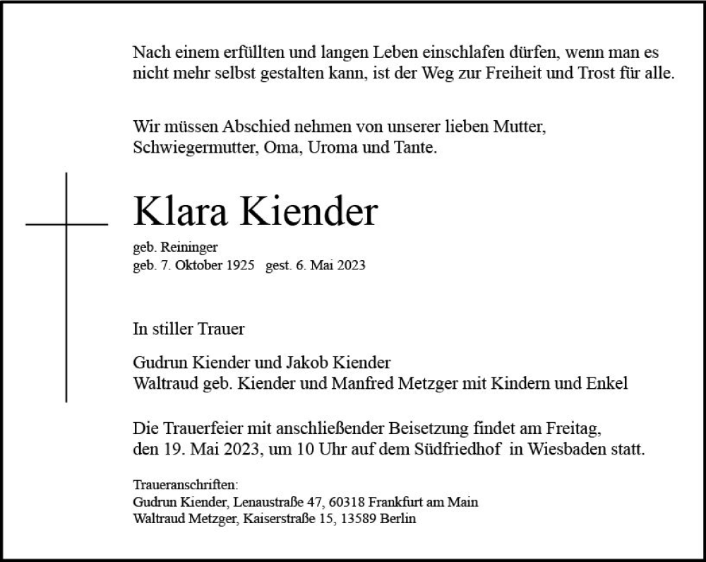  Traueranzeige für Klara Kiender vom 17.05.2023 aus Wiesbadener Kurier
