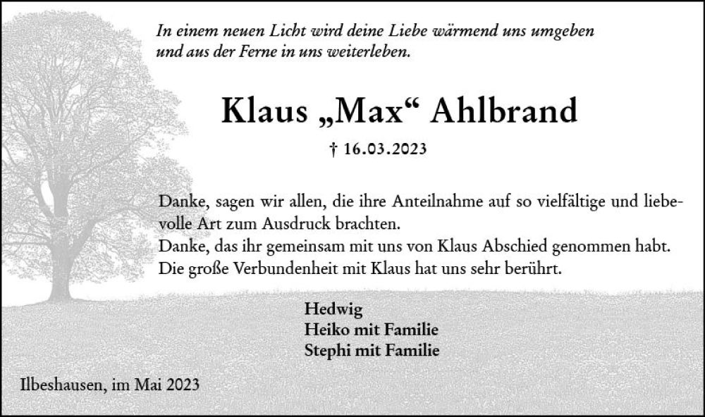  Traueranzeige für Klaus Ahlbrand vom 13.05.2023 aus Oberhessen Kurier