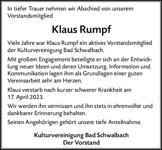 Traueranzeige von Klaus Rumpf von Idsteiner Land/Untertaunus