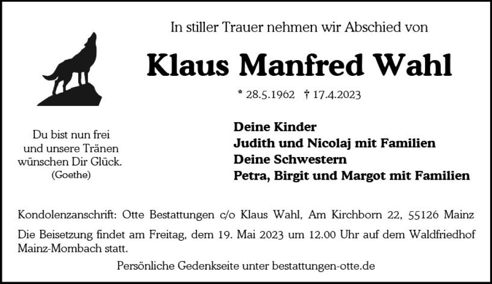  Traueranzeige für Klaus Manfred Wahl vom 13.05.2023 aus Allgemeine Zeitung Mainz