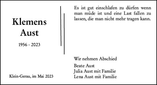 Traueranzeige von Klemens Aust von Groß-Gerauer Echo