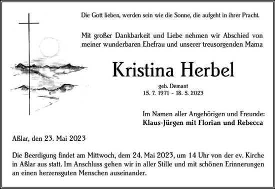 Traueranzeige von Kristina Herbel von Wetzlarer Neue Zeitung